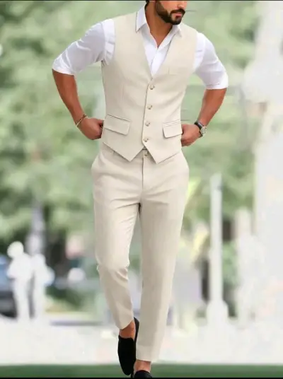 Traje de Hombre Beige con Chaleco Elegante - miniatura 1