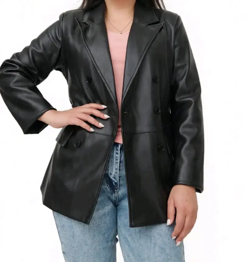 Blazer de cuero sintético negro para mujer - 1