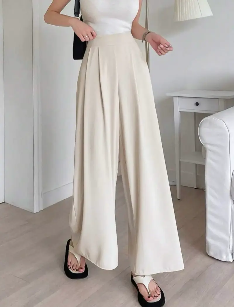 Pantalones palazzo anchos para mujer en beige y marrón - 1