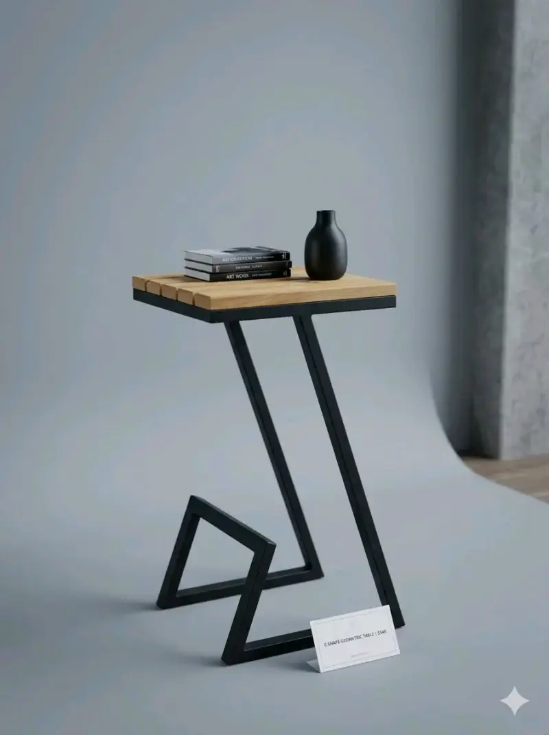 Mesa auxiliar geométrica moderna de madera y metal