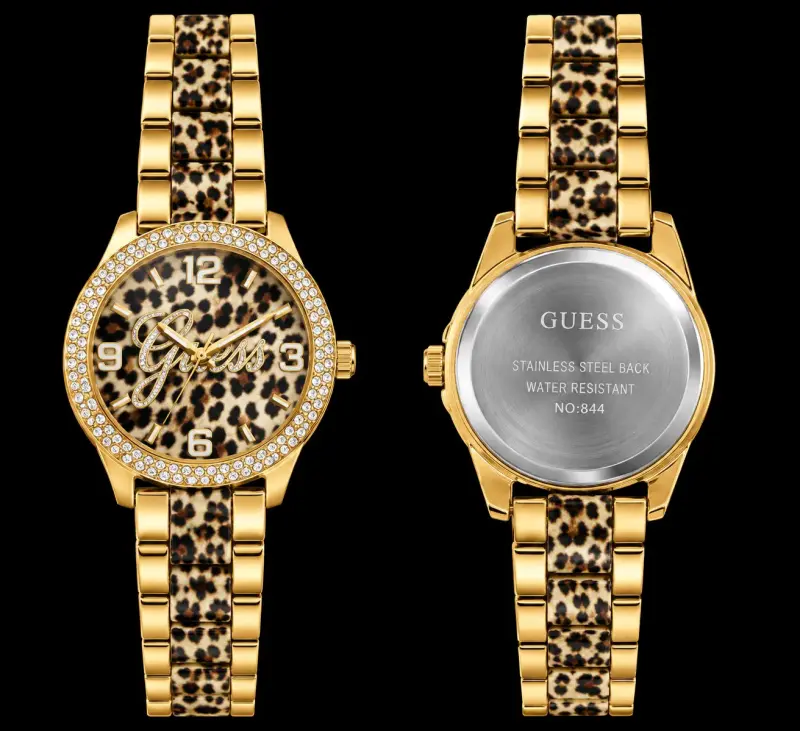 Reloj Guess dorado con diseño animal print