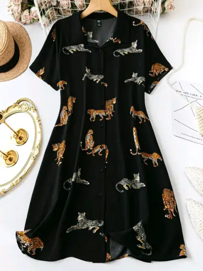 Vestido camisero negro con estampado de leopardos - miniatura 1