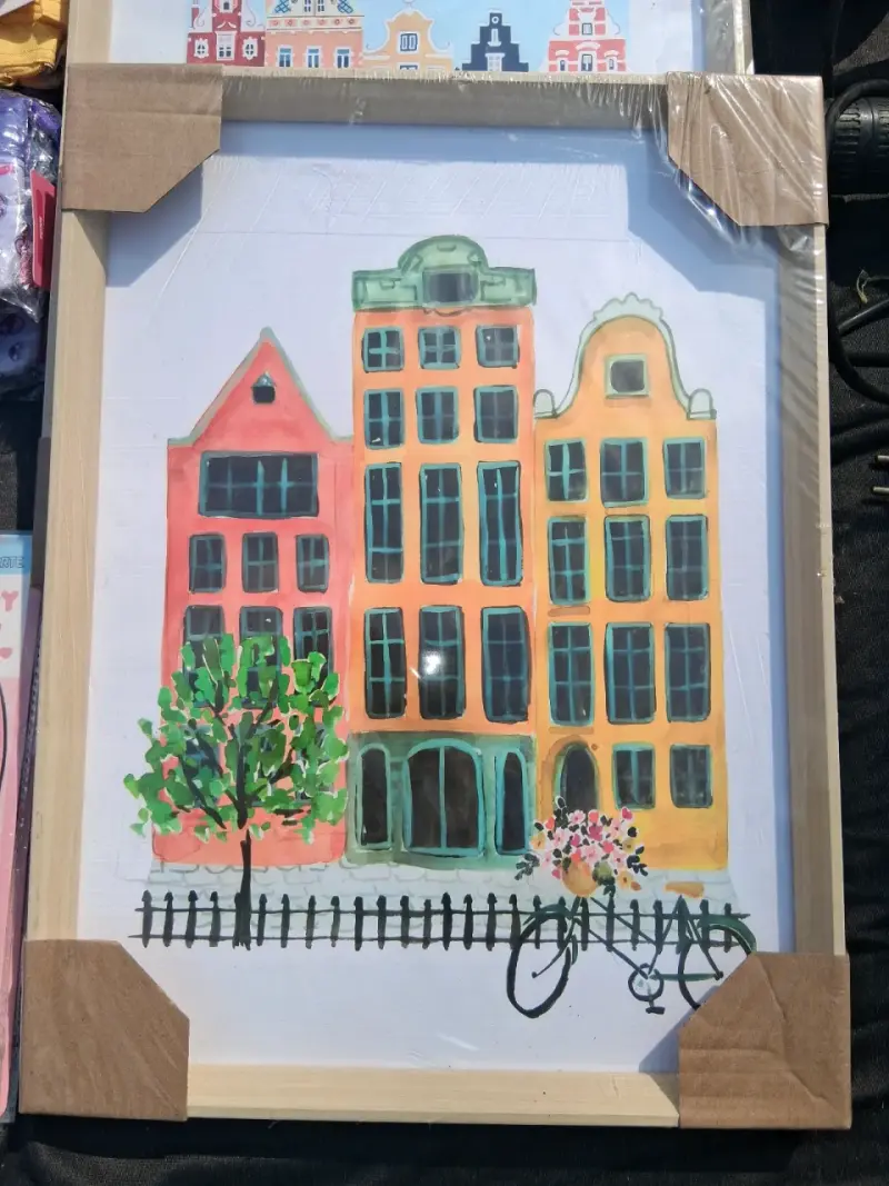 Cuadro Decorativo de Casas Coloridas en Marco de Madera