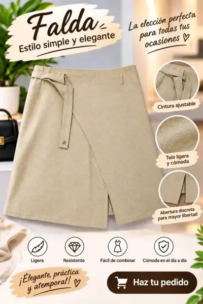 Falda beige con cintura ajustable y tela ligera - miniatura 1
