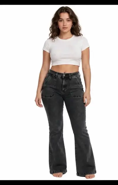 Jeans acampanados gris oscuro para mujer - miniatura 3