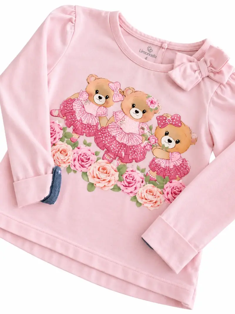Polera infantil rosa con diseño de ositos