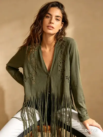 Cardigan verde con flecos y diseño floral - miniatura 1