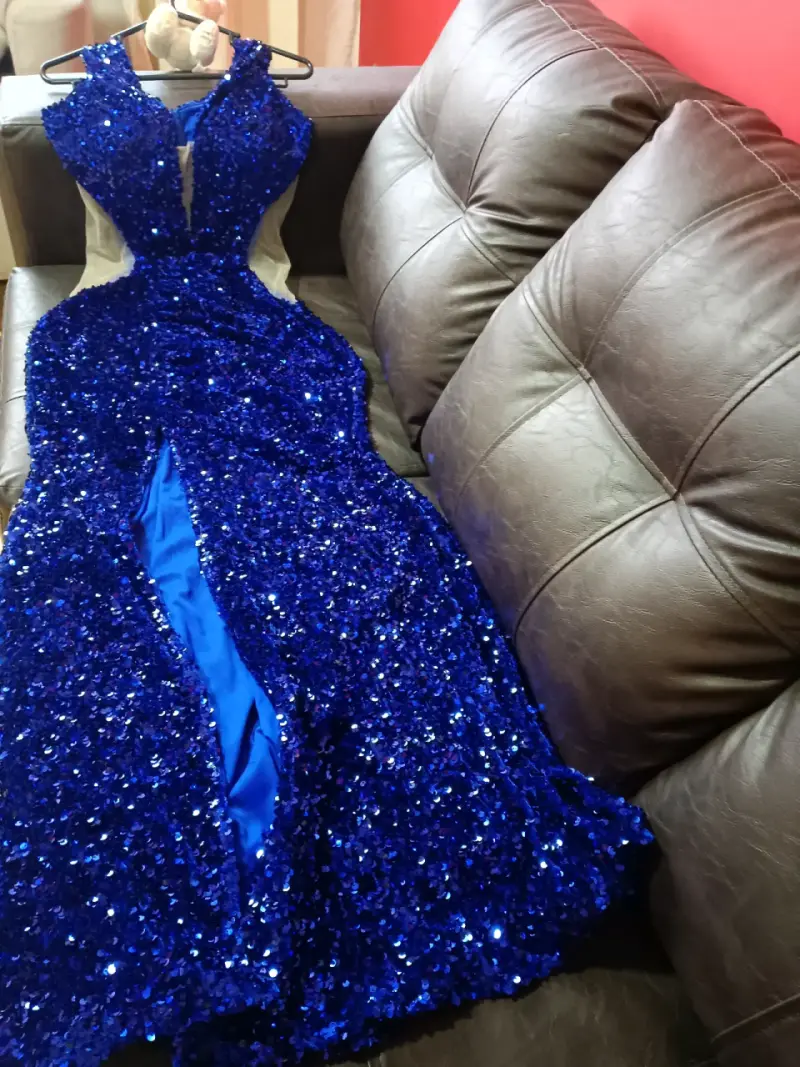 Vestido de noche azul con lentejuelas - 4