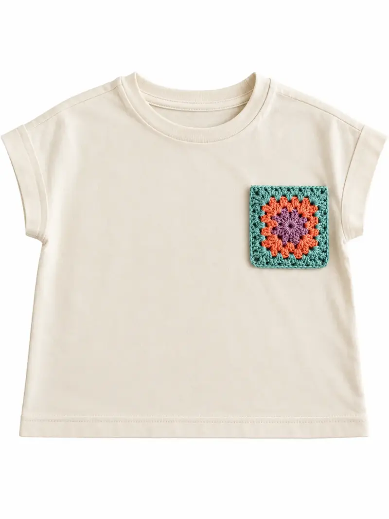 Polera beige con bolsillo tejido a crochet