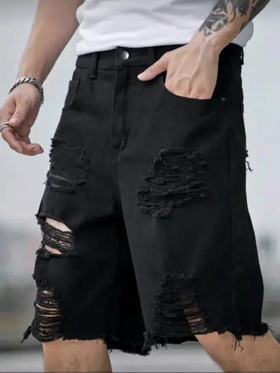 Shorts de mezclilla negros desgastados para hombre - miniatura 1