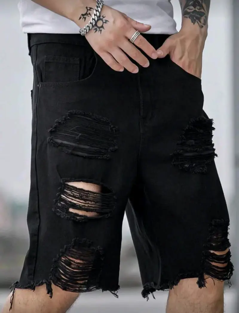 Shorts de mezclilla negros desgastados para hombre - 3