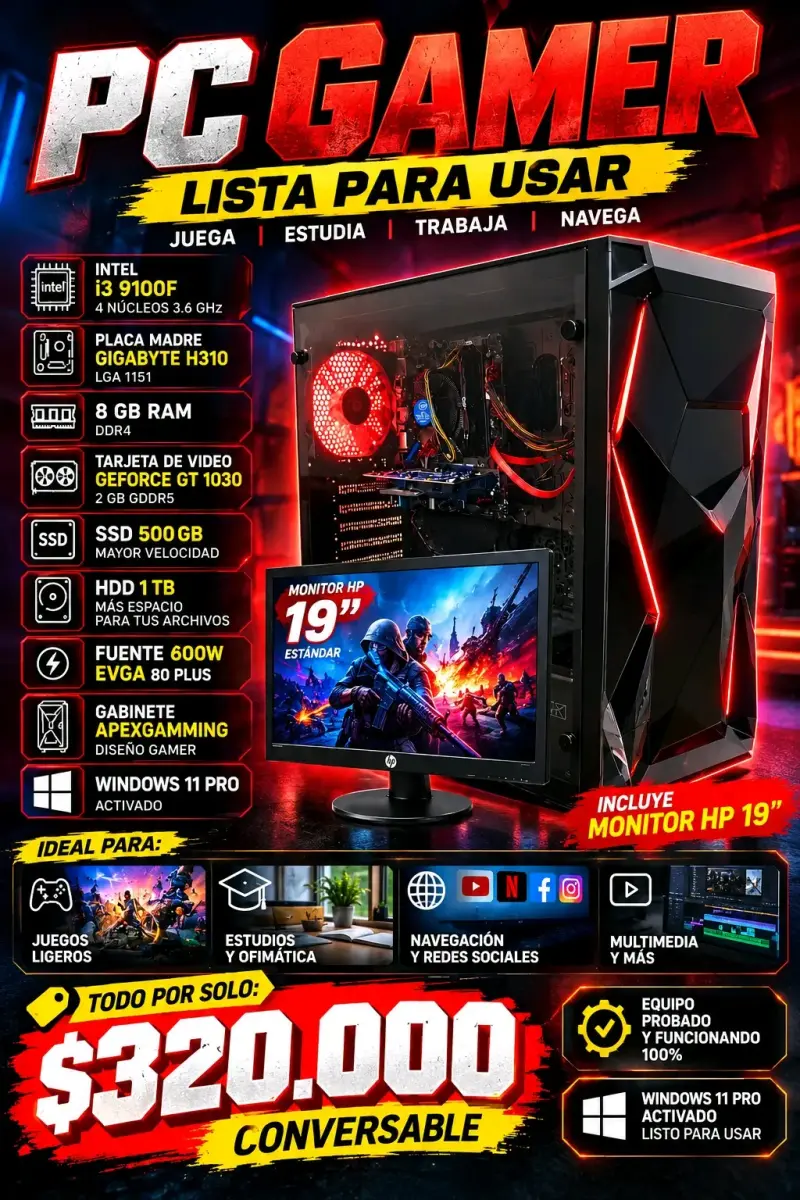 PC Gamer Intel i3 9100F con Monitor HP 19"