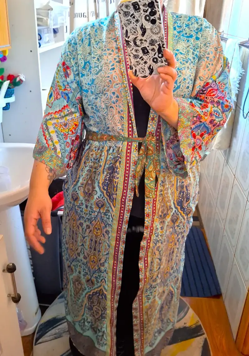 Kimono largo de Seda estampado floral azul - 2