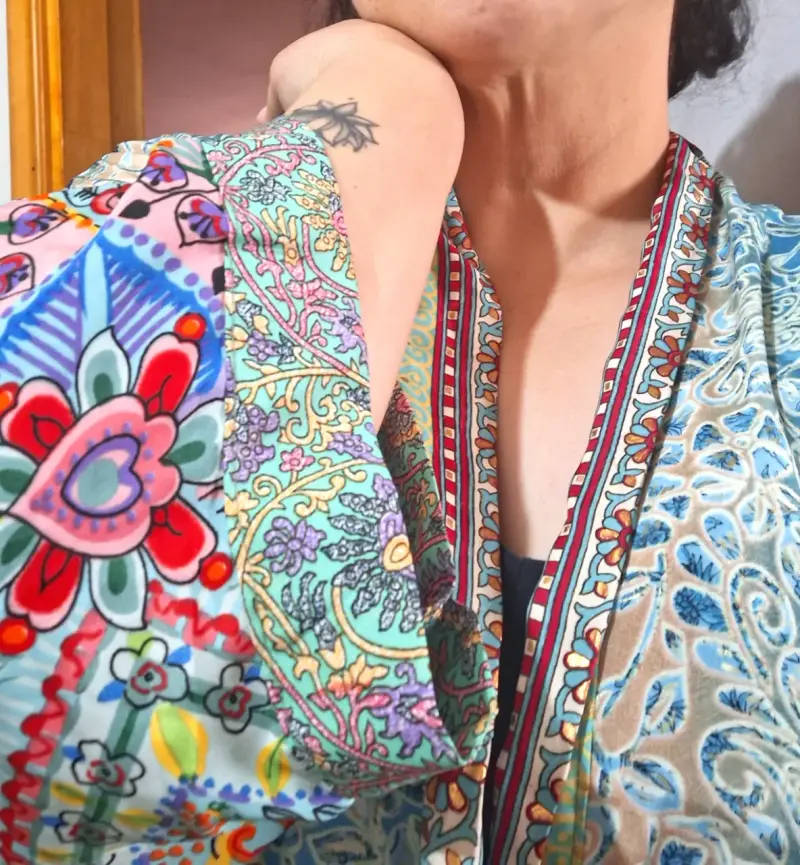 Kimono largo de Seda estampado floral azul - 4