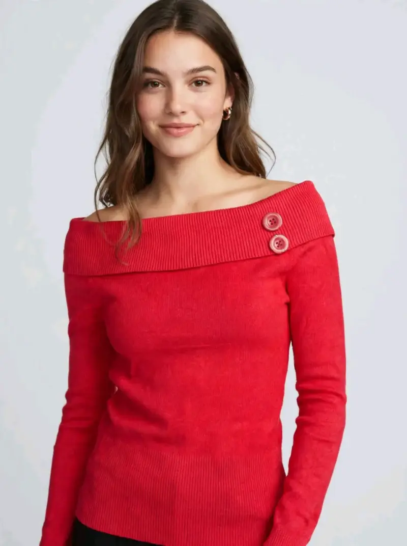 Suéter Rojo Mujer Cuello Barco con Botones