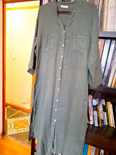 Vestido camisero largo verde oliva Lino - miniatura 1