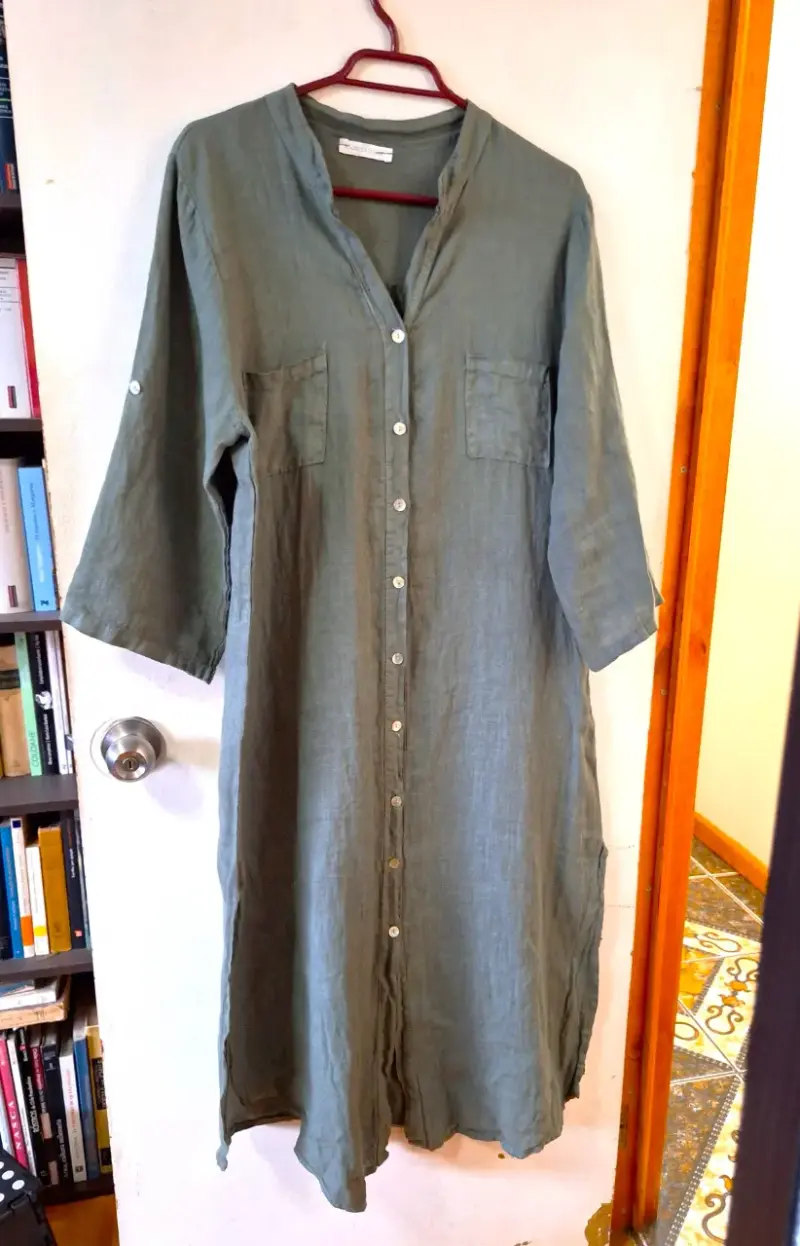 Vestido camisero largo verde oliva Lino - 2