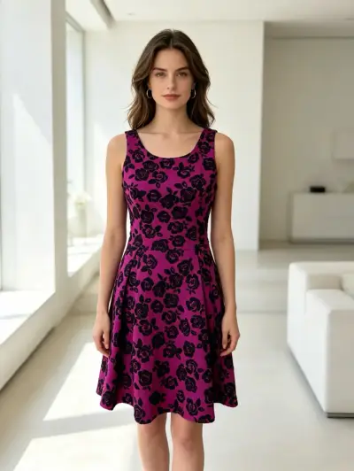Vestido AQUA fucsia con flores negras en relieve - miniatura 1
