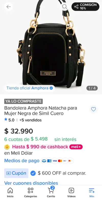 Bandolera Amphora Natacha negra de símil cuero - miniatura 1