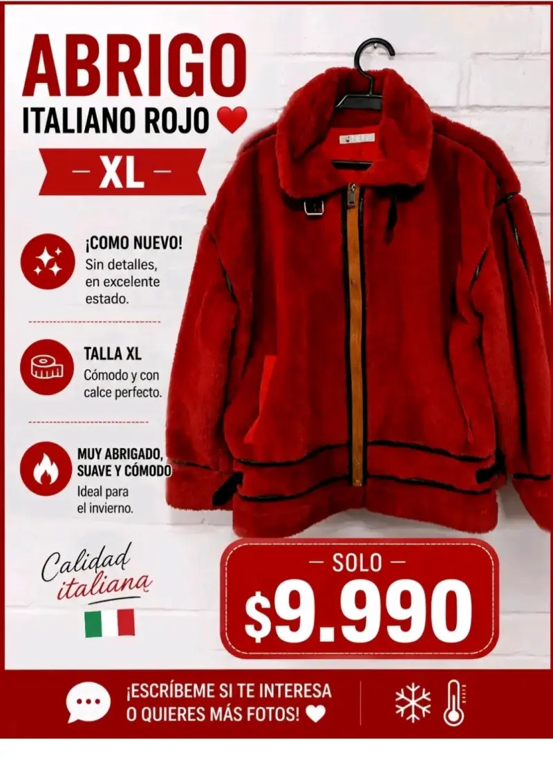 Abrigo italiano rojo XL en excelente estado