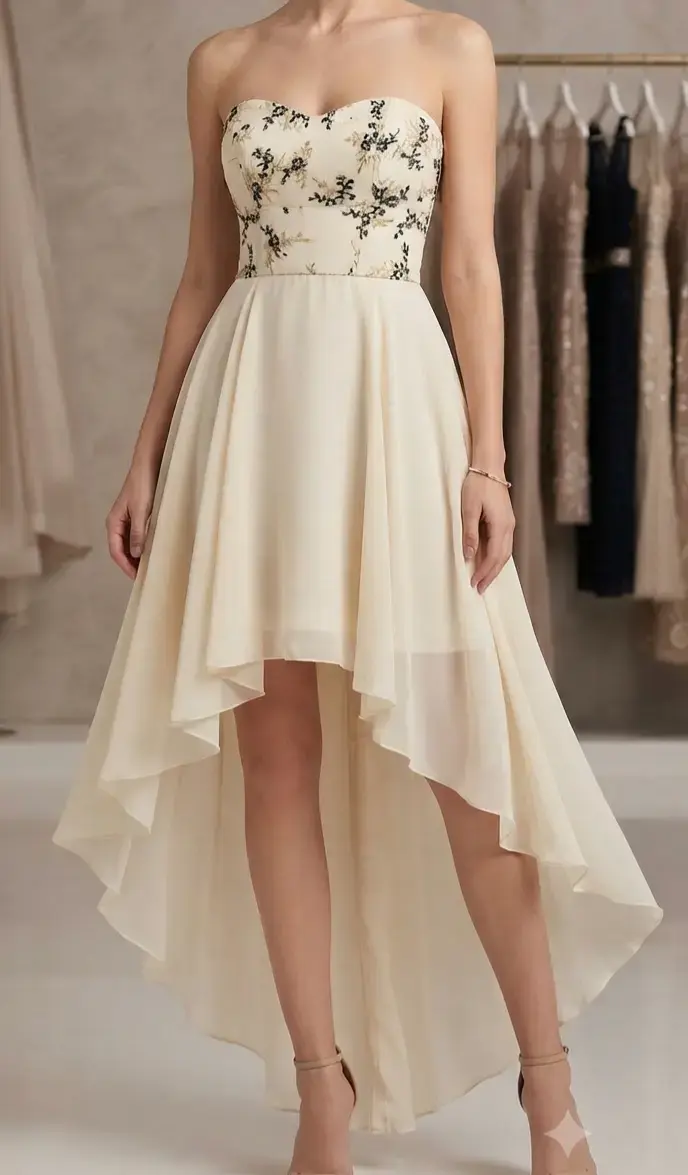 Vestido de fiesta asimétrico crema con bordado floral