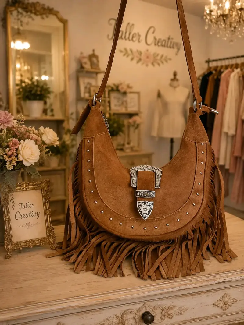 Bolso de cuero con flecos y hebilla decorativa