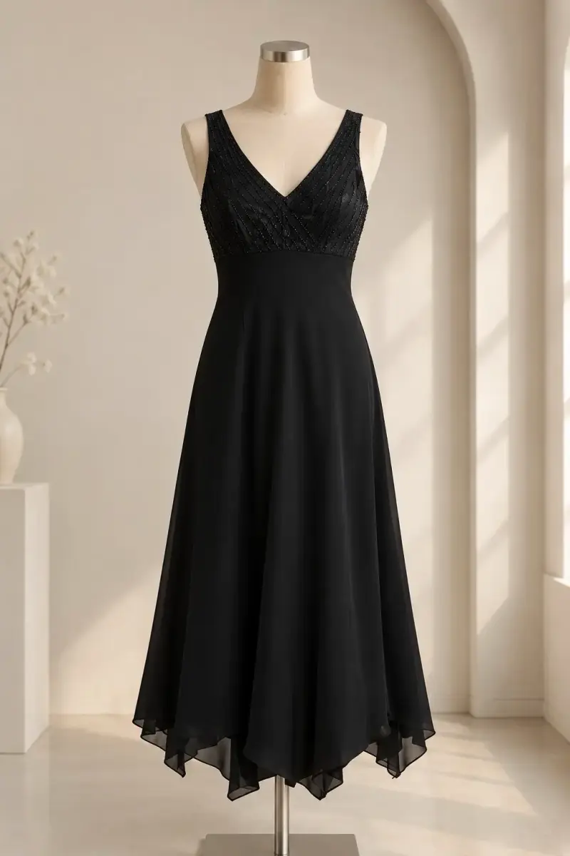 Vestido negro elegante con escote en V