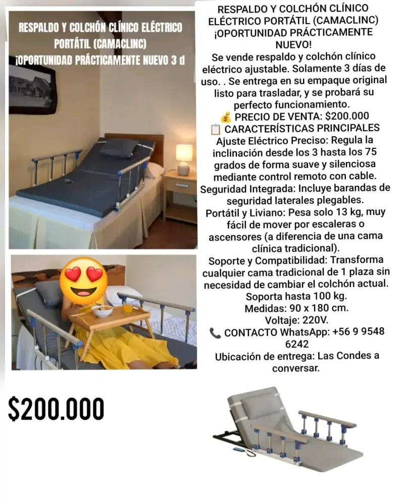 Respaldo y colchón clínico eléctrico portátil casi nuevo