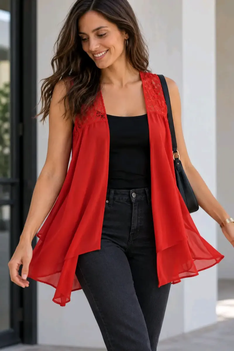 Blusa sin mangas roja Alaniz con encaje - 1