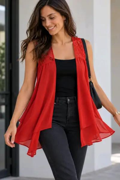 Blusa sin mangas roja Alaniz con encaje - miniatura 1