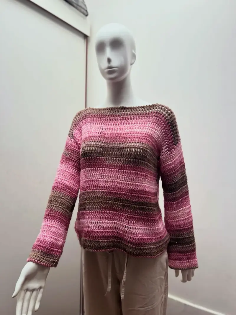 Suéter de crochet a rayas rosadas y marrones - 3
