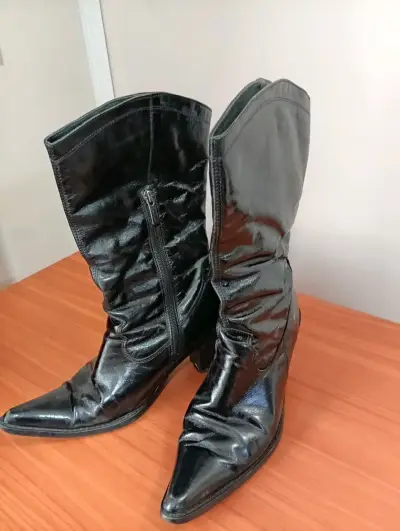 Botas de cuero negras n°38 con tacón para mujer - miniatura 4