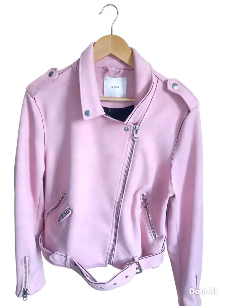 Chaqueta de polier rosa con cierre y cintu - 1