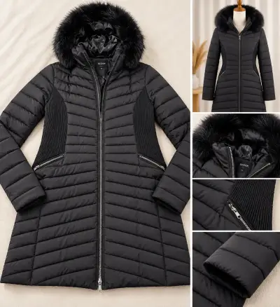 Abrigo negro con capucha de piel sintética para mujer - miniatura 1
