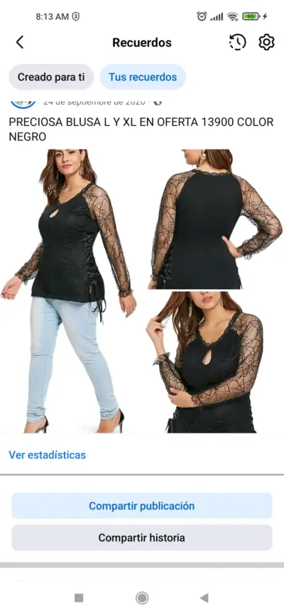 Blusa negra con encaje y mangas largas ,elasticada - miniatura 1