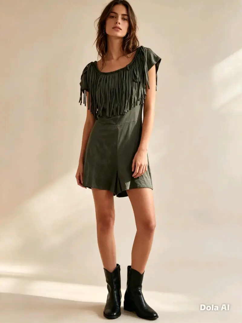 Vestido corto verde con flecos - 1