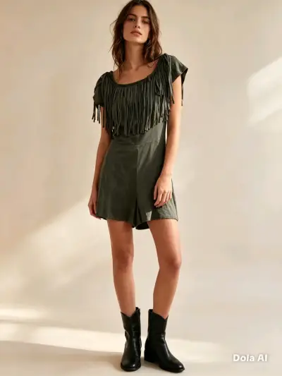 Vestido corto verde con flecos - miniatura 1
