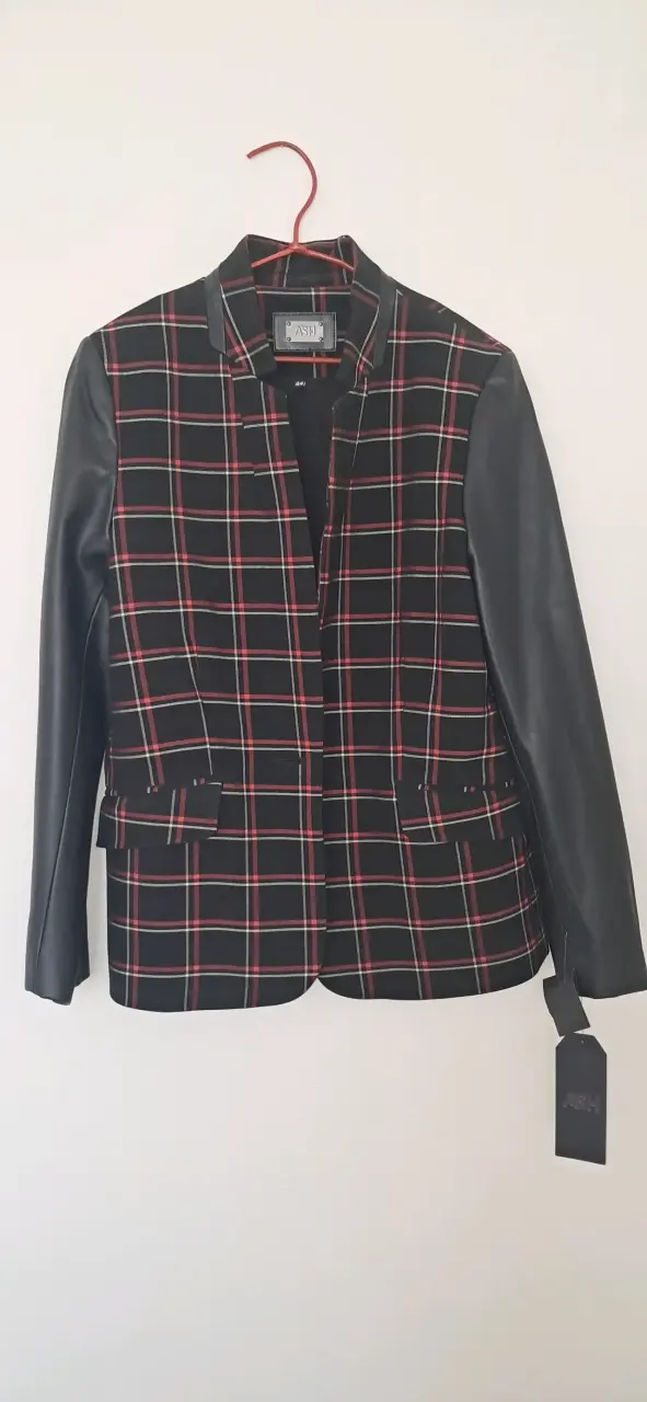 Blazer a cuadros con mangas de cuero para mujer - 1