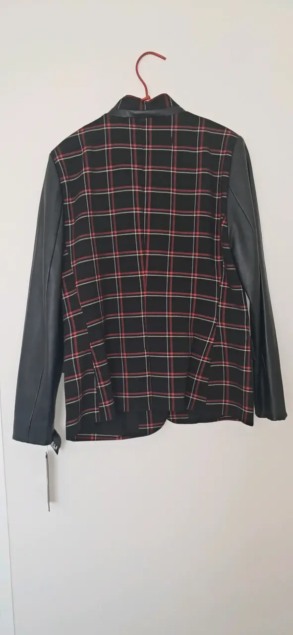 Blazer a cuadros con mangas de cuero para mujer - 2