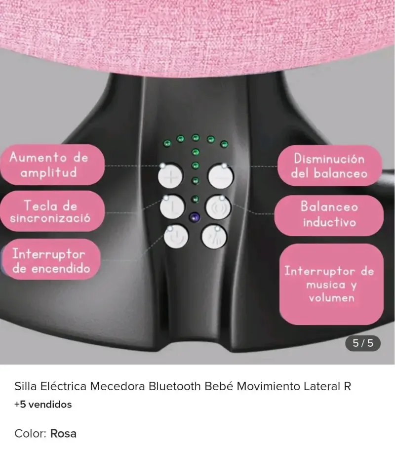 Silla Mecedora Eléctrica Bluetooth para Bebé Rosa - 4