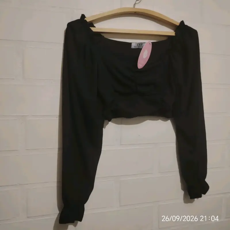 Blusa manga larga fruncida Z&H en marrón y negro - 3