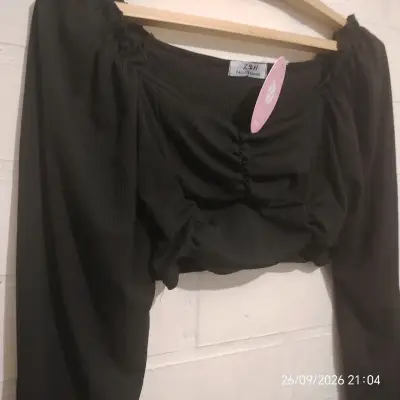 Blusa manga larga fruncida Z&H en marrón y negro - miniatura 4