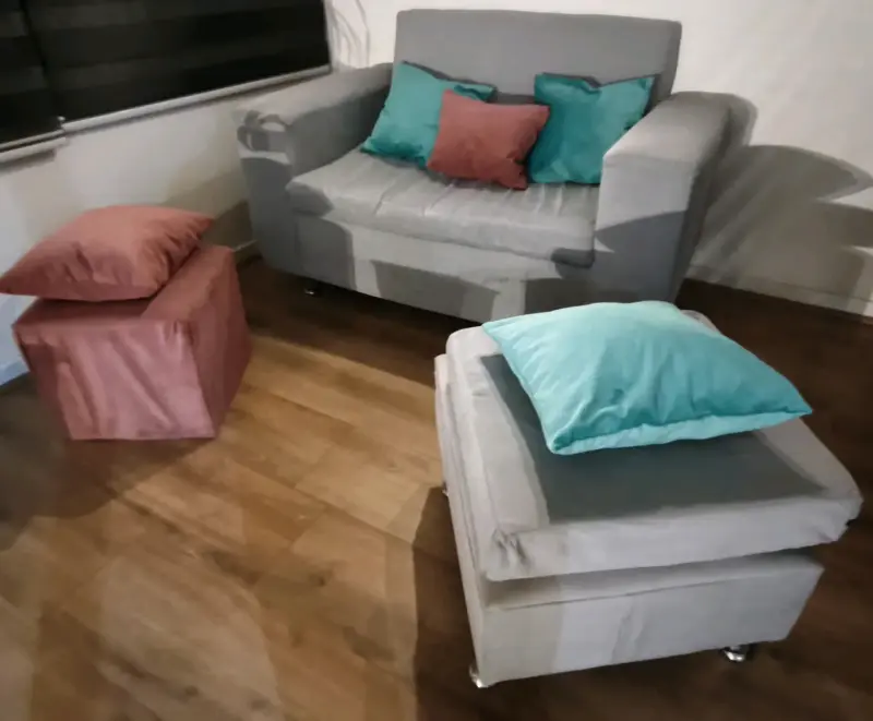 Sofá gris con cojines decorativos - 1