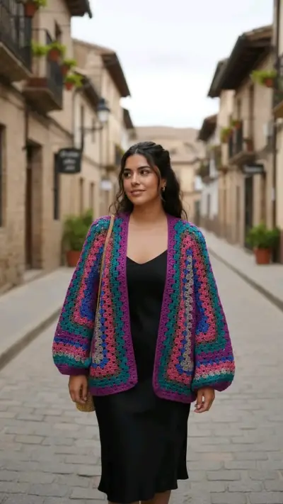 Cardigan tejido a crochet multicolor para mujer - miniatura 1