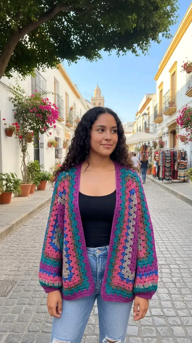 Cardigan tejido a crochet multicolor para mujer - 2