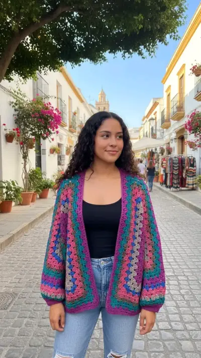 Cardigan tejido a crochet multicolor para mujer - miniatura 2
