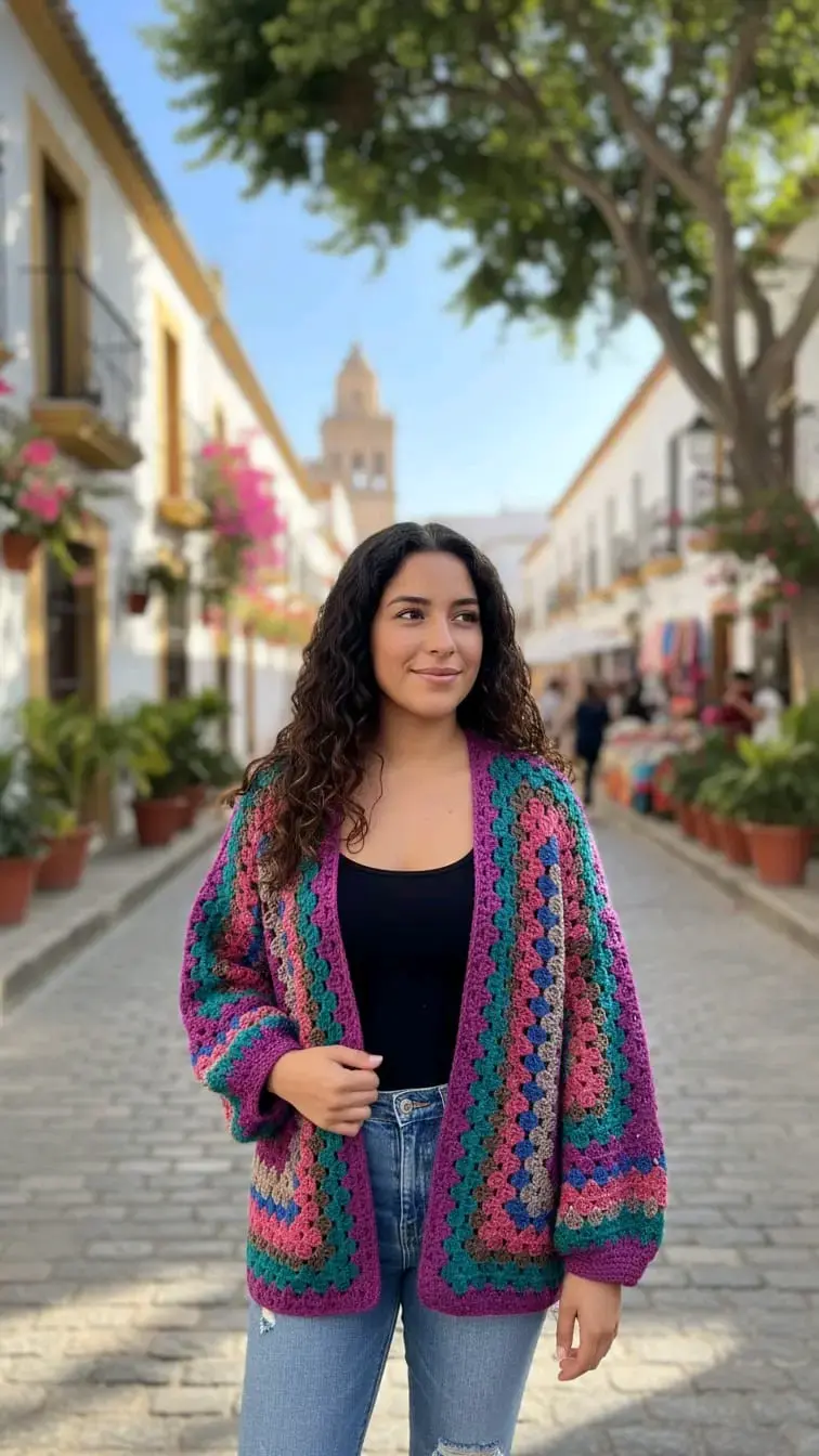 Cardigan tejido a crochet multicolor para mujer - 3