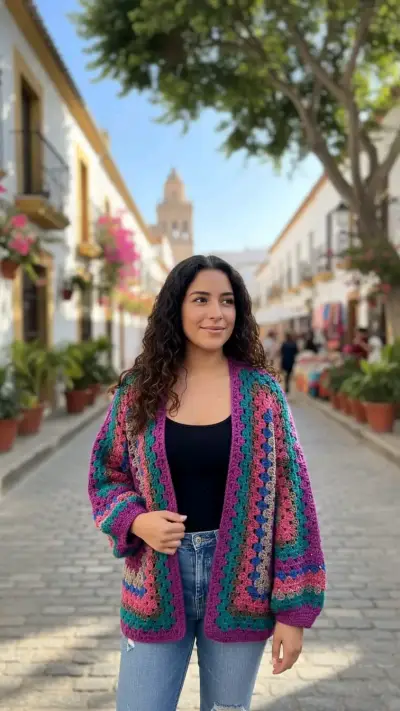 Cardigan tejido a crochet multicolor para mujer - miniatura 3