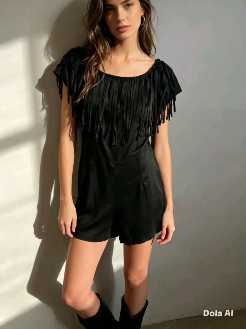 Mono corto negro con flecos para mujer - 1