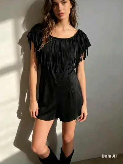 Mono corto negro con flecos para mujer - miniatura 1